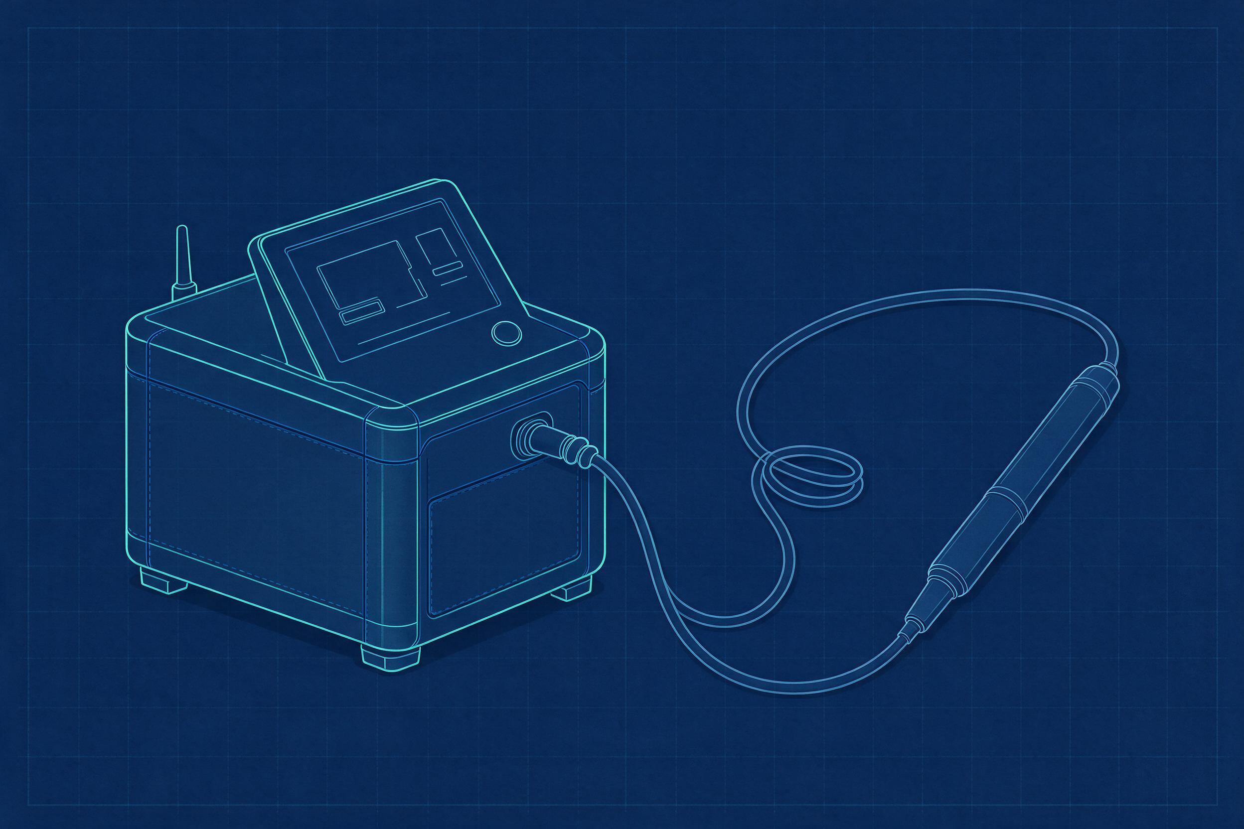 Illustrative blueprint-style drawing of a generic alexandrite laser system (illustrative, not a photograph of a specific model)