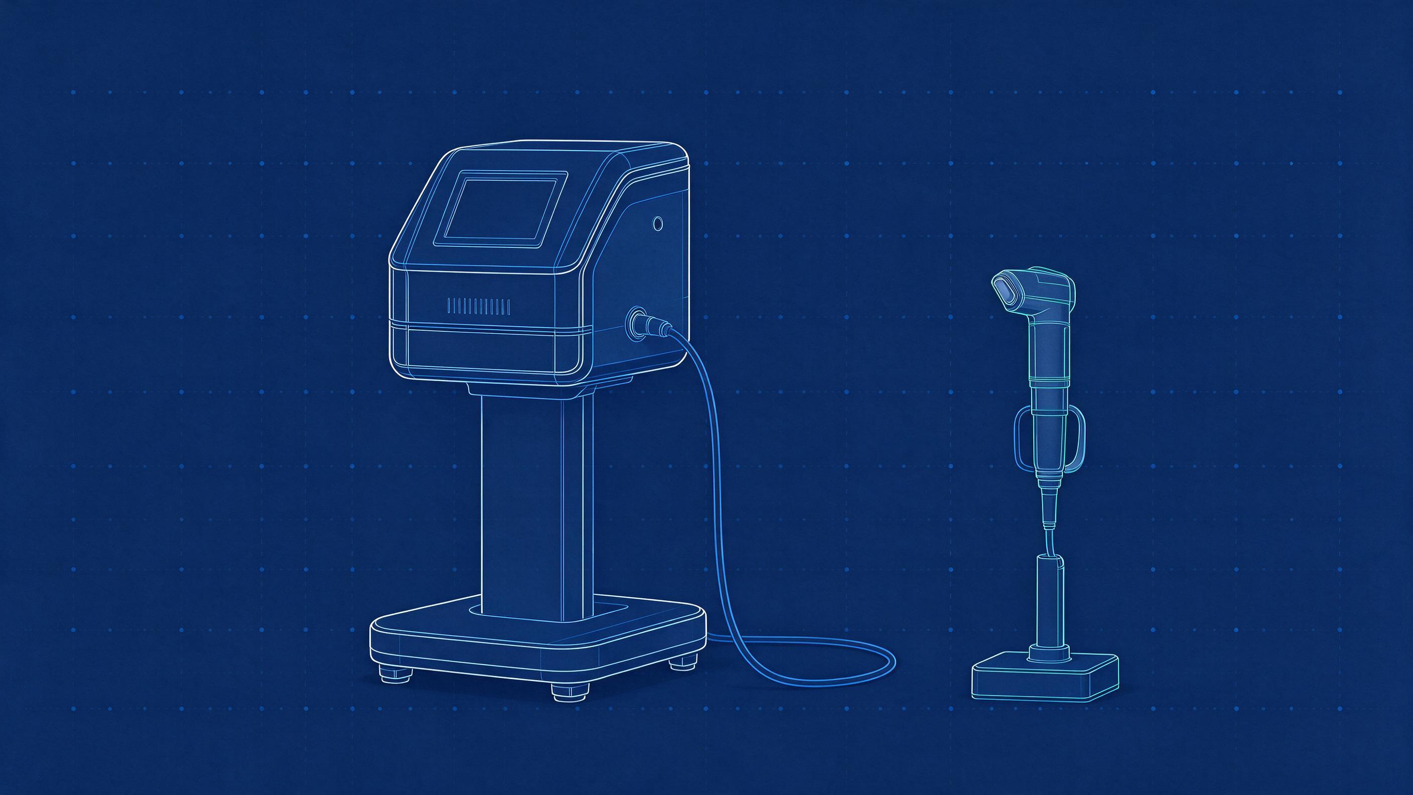 Illustrative blueprint-style drawing of a generic CO2 fractional laser system (illustrative, not a photograph of a specific model)