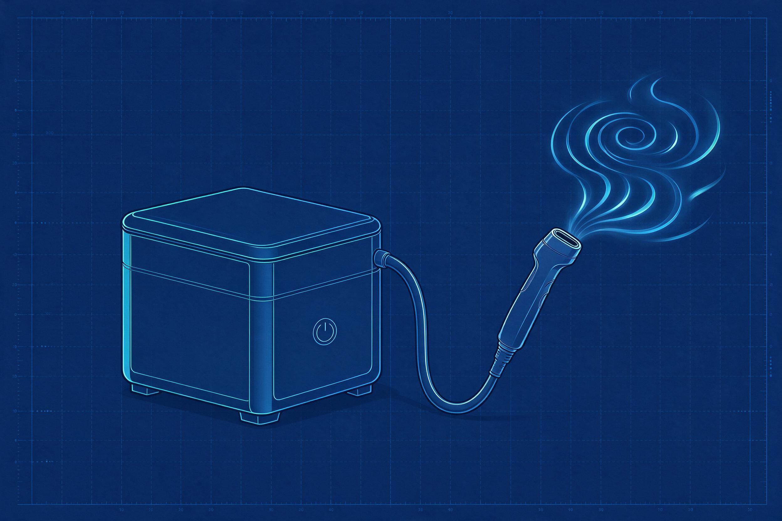 Illustrative blueprint-style drawing of a generic skin cooling system (illustrative, not a photograph of a specific model)
