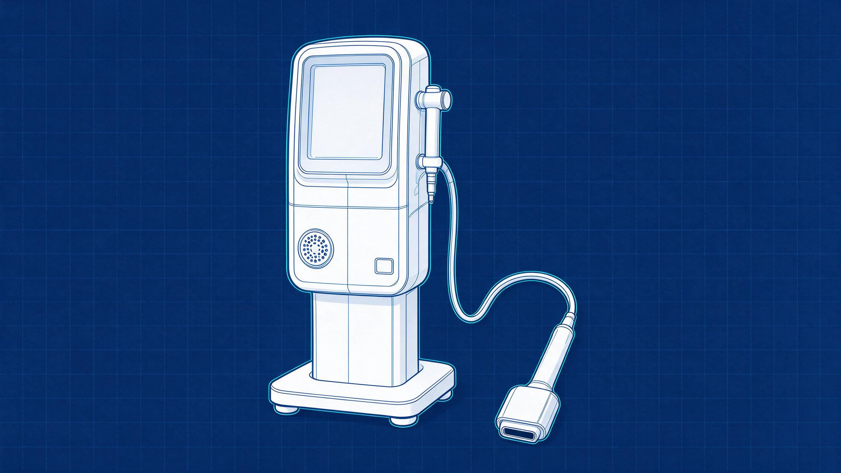 Illustrative blueprint-style drawing of a generic diode laser hair removal system (illustrative, not a photograph of a specific model)