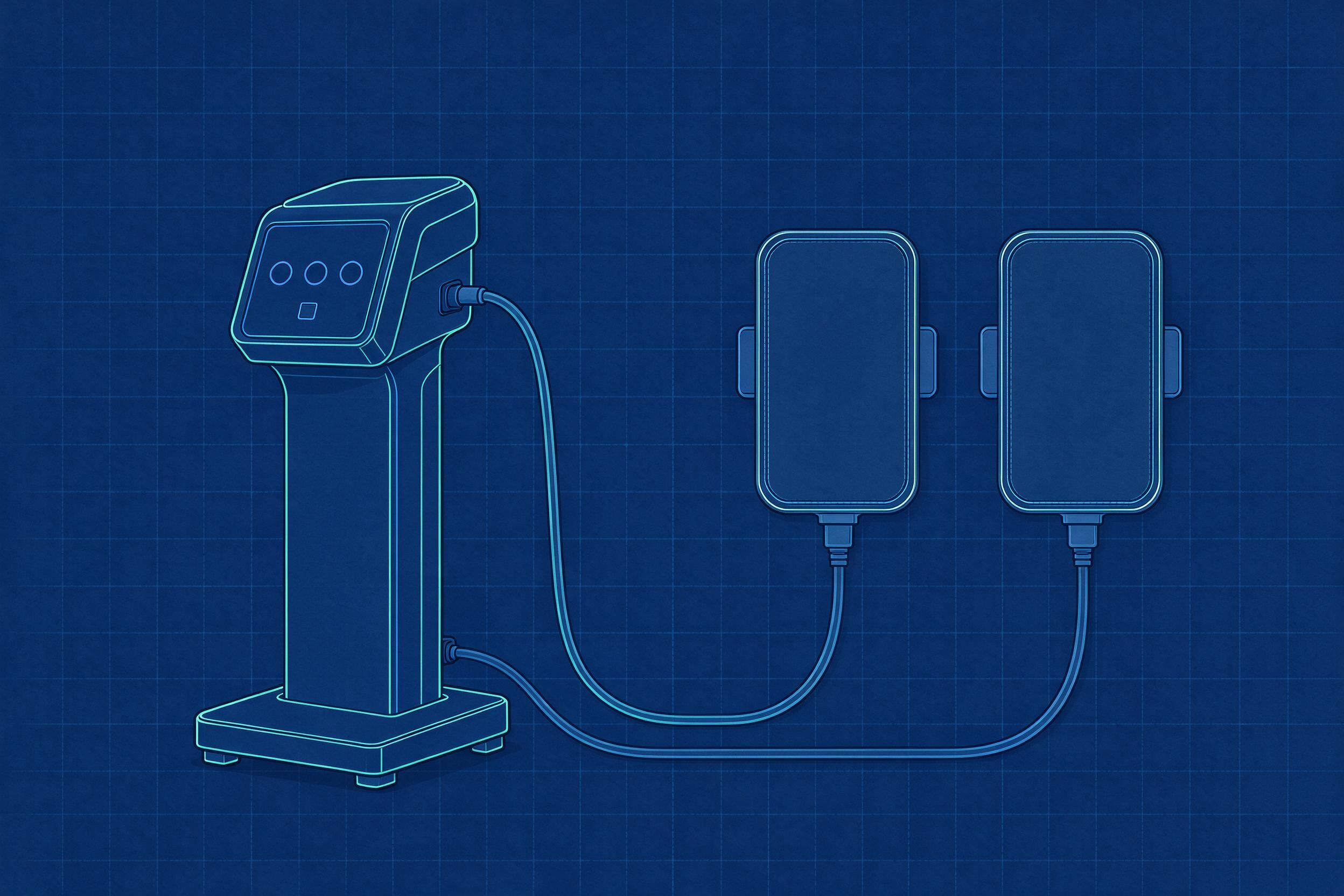 Illustrative blueprint-style drawing of a generic EMS muscle sculpting system (illustrative, not a photograph of a specific model)