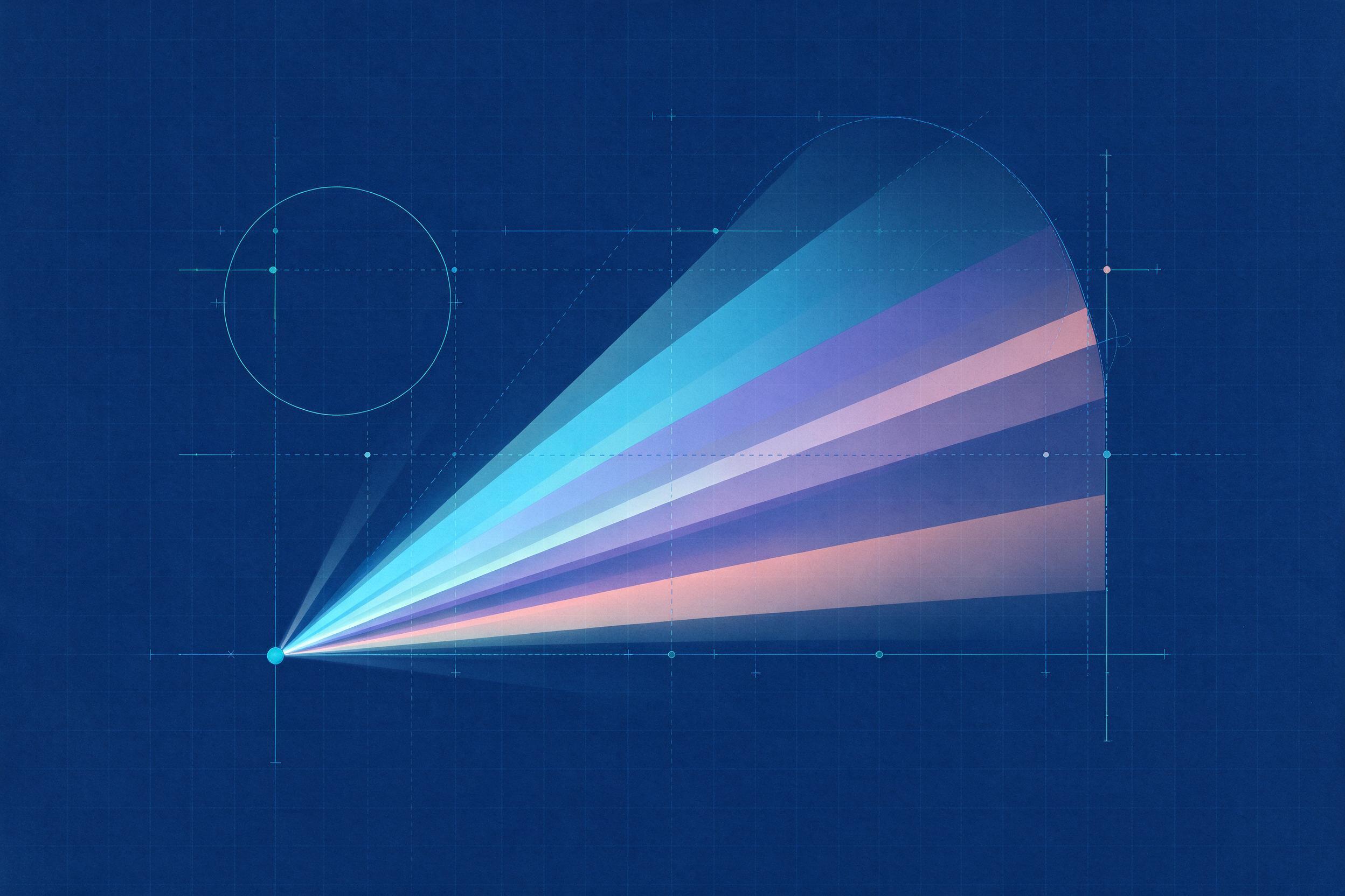 Blueprint-style design illustration of light beams fanning out like a spectrum (illustrative, not a photograph of equipment or a facility)