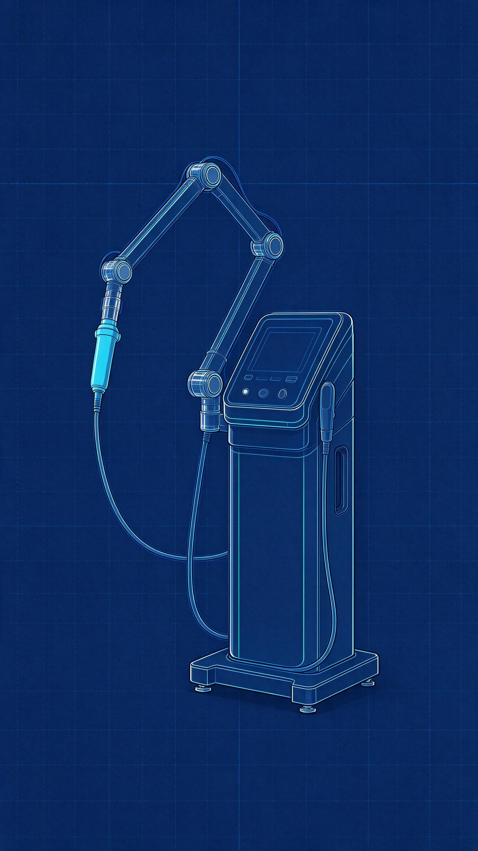 Illustrative blueprint-style drawing of a generic picosecond and Q-switched laser system (illustrative, not a photograph of a specific model)