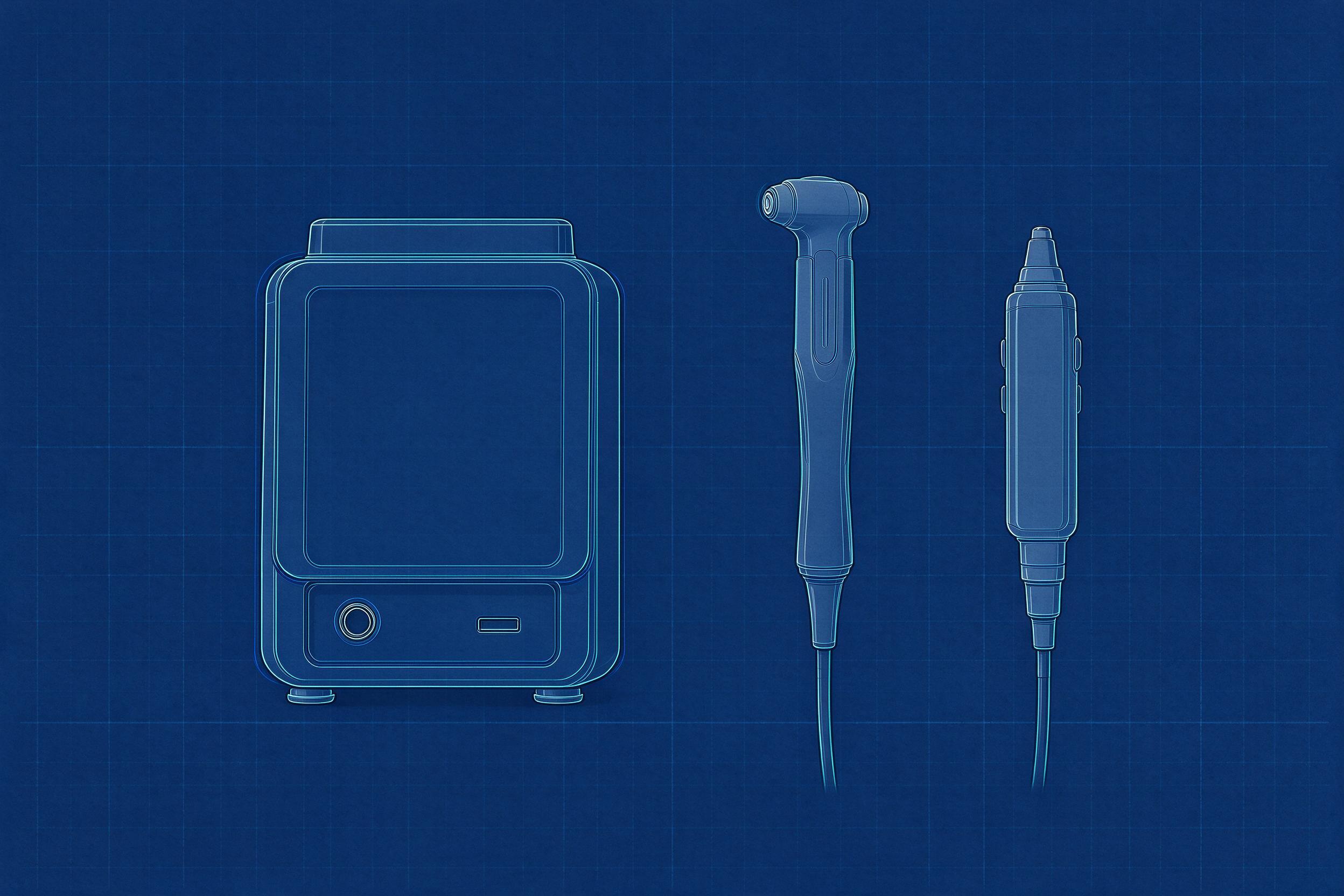 Illustrative blueprint-style drawing of a generic 2-in-1 diode and Nd:YAG system (illustrative, not a photograph of a specific model)